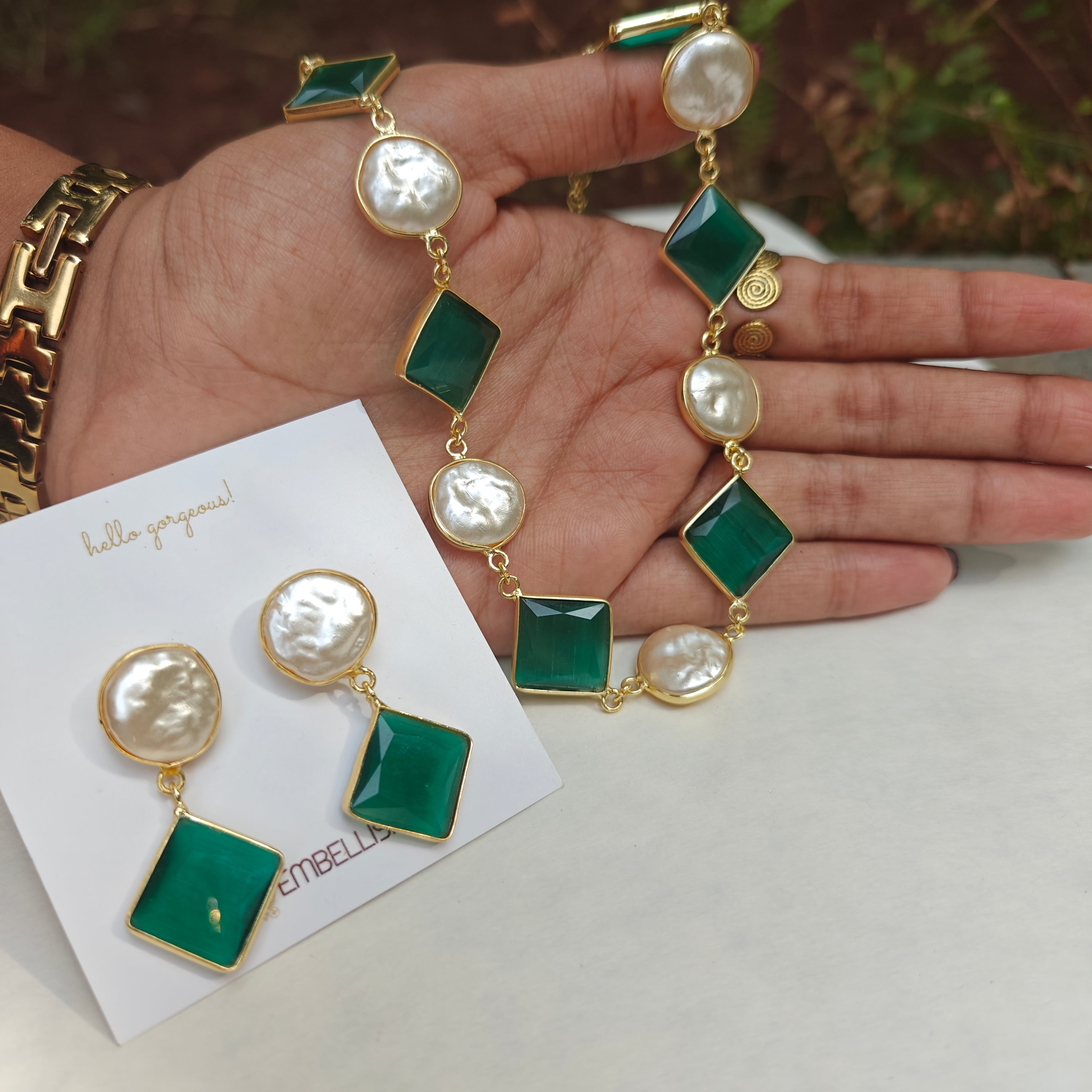 Emerald Squares and Coin Pearls Lariat necklace set