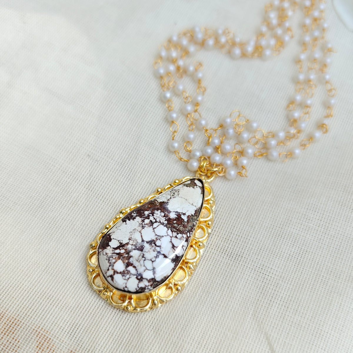 Pearl Layered Necklace with Natural Stone Pendant