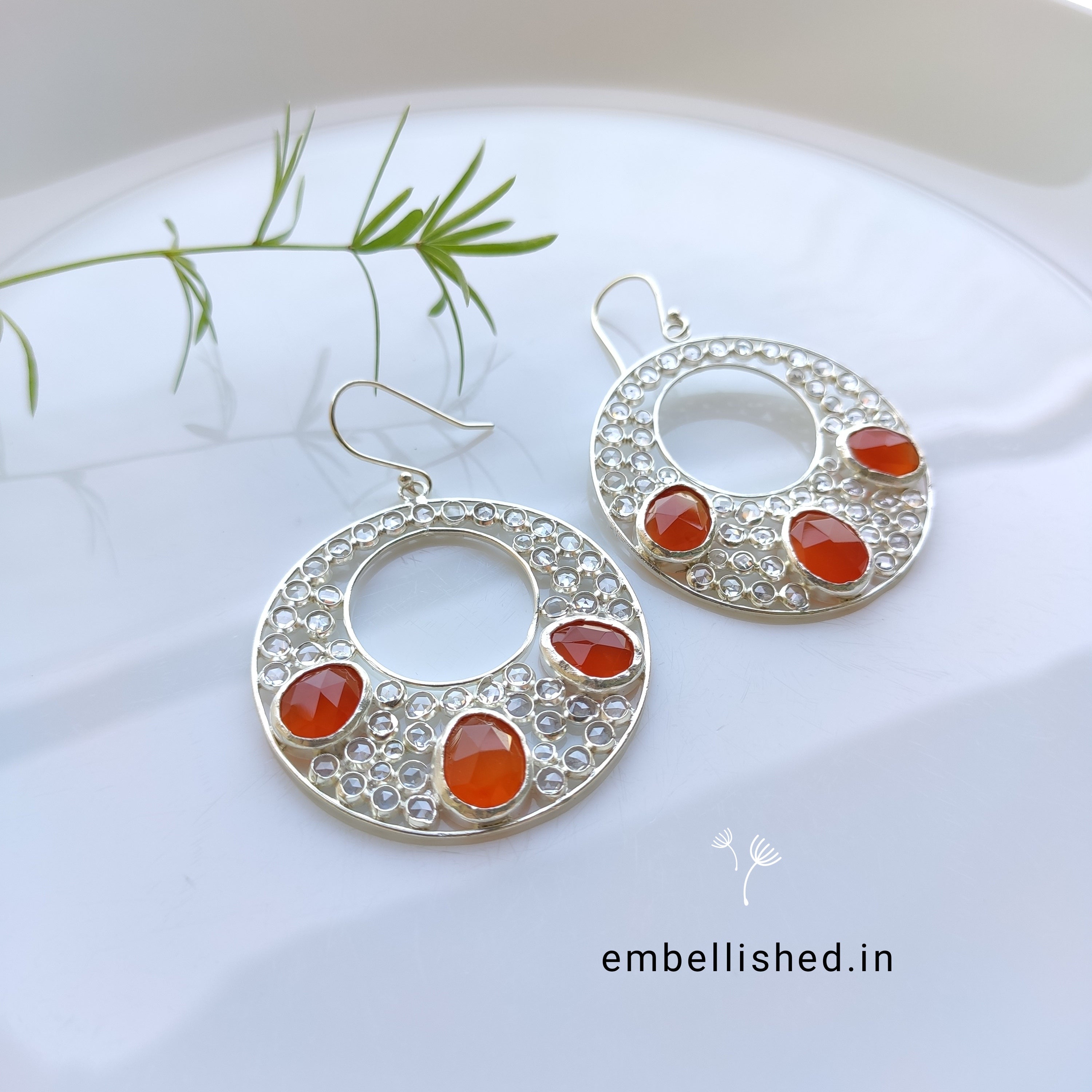 92.5 Sterling Silver Crystal Polki large round danglers - Silver, Orange