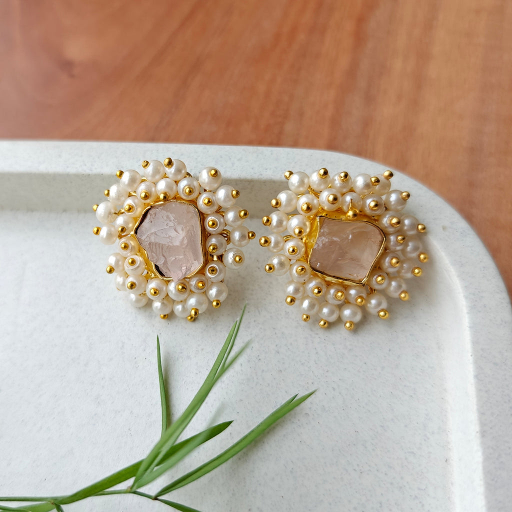 Royal Rose Quartz Pearl Burst Studs