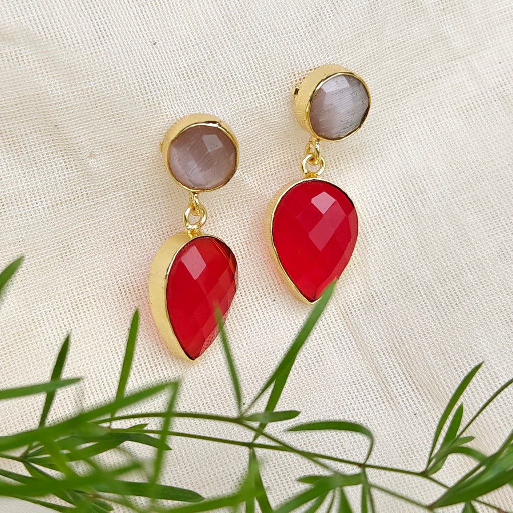 Two Stones Drop Earrings - gray red