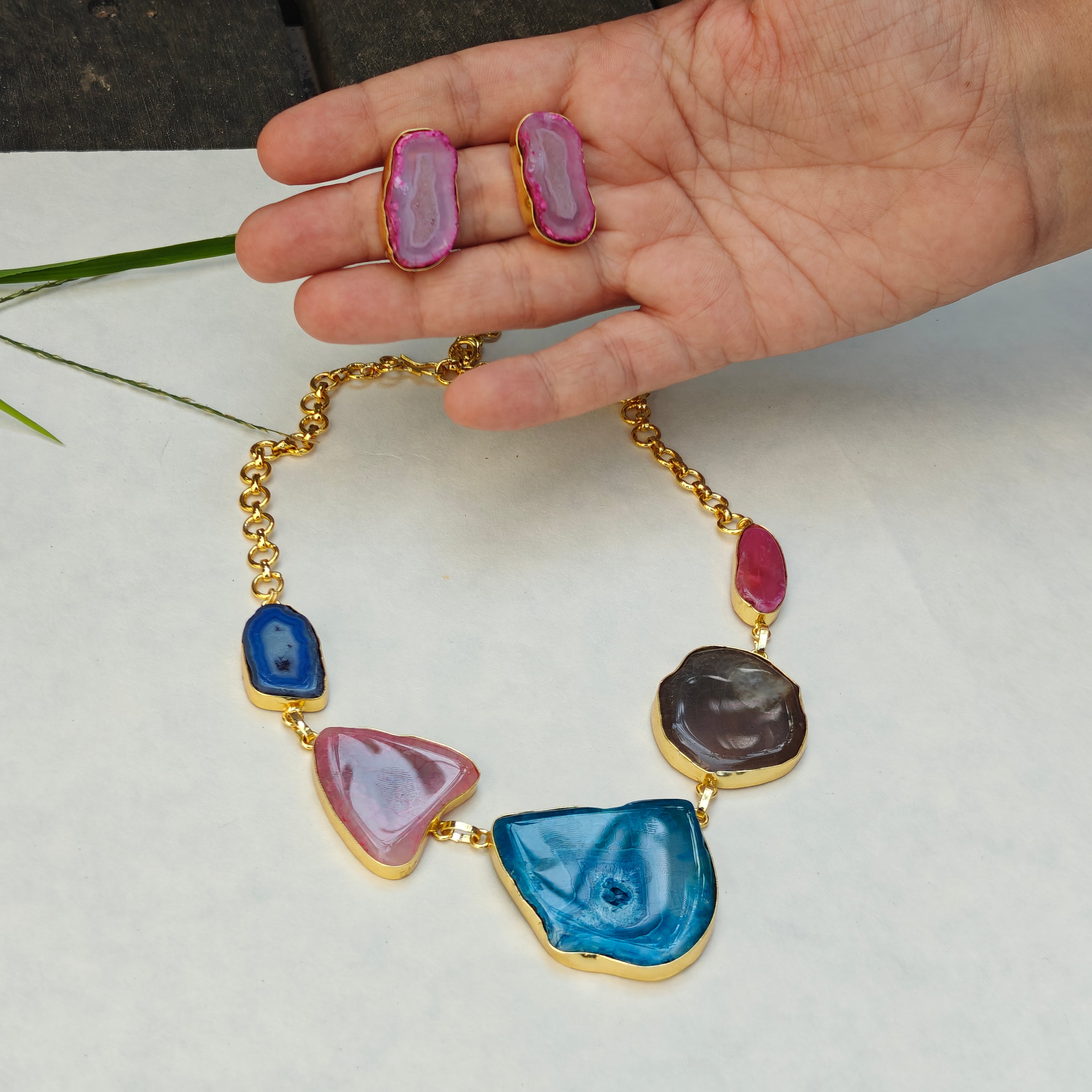 Agate Slice Necklace set - blue
