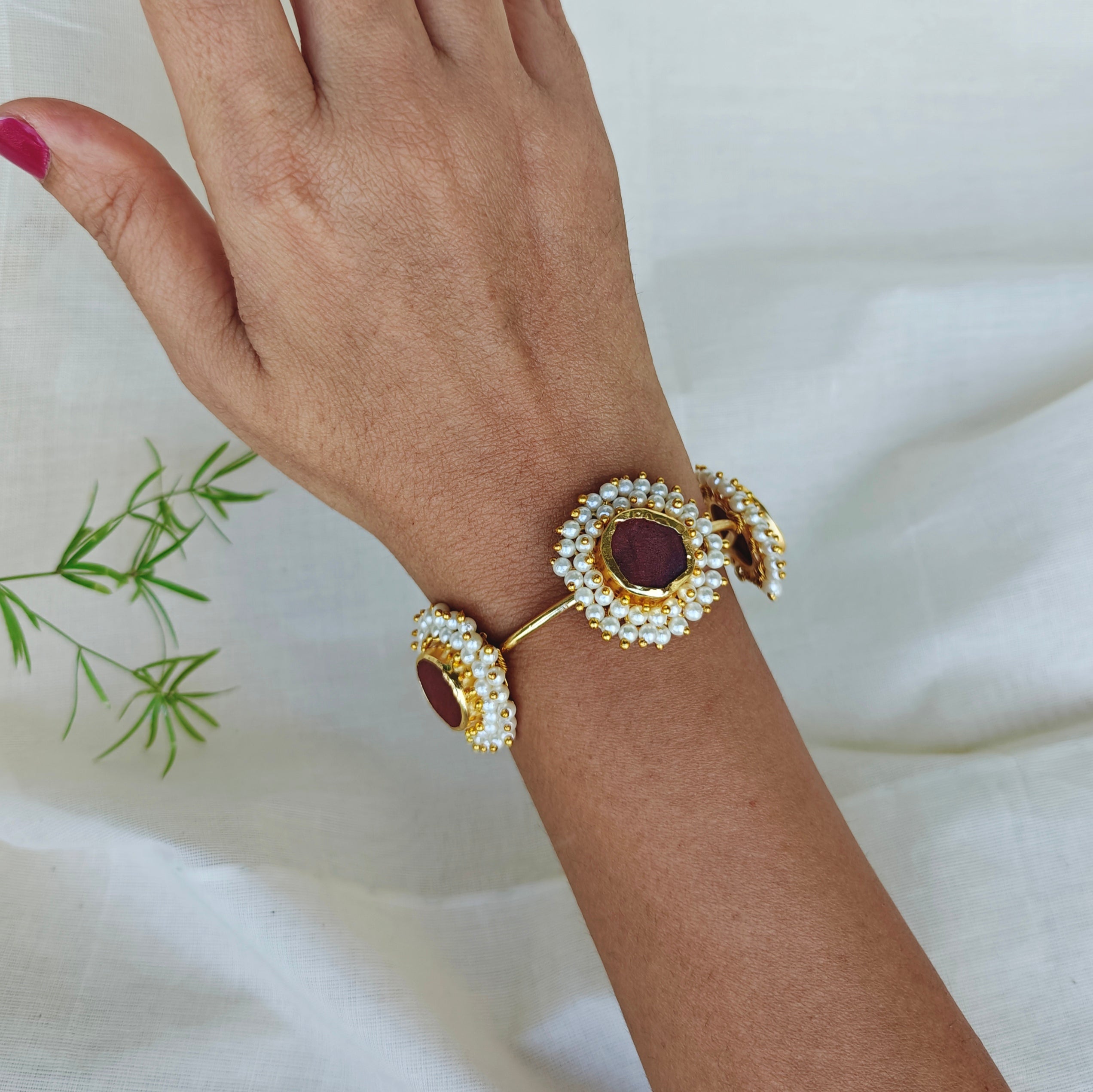 Coffee Jasper Cluster Pearls Open Bangle