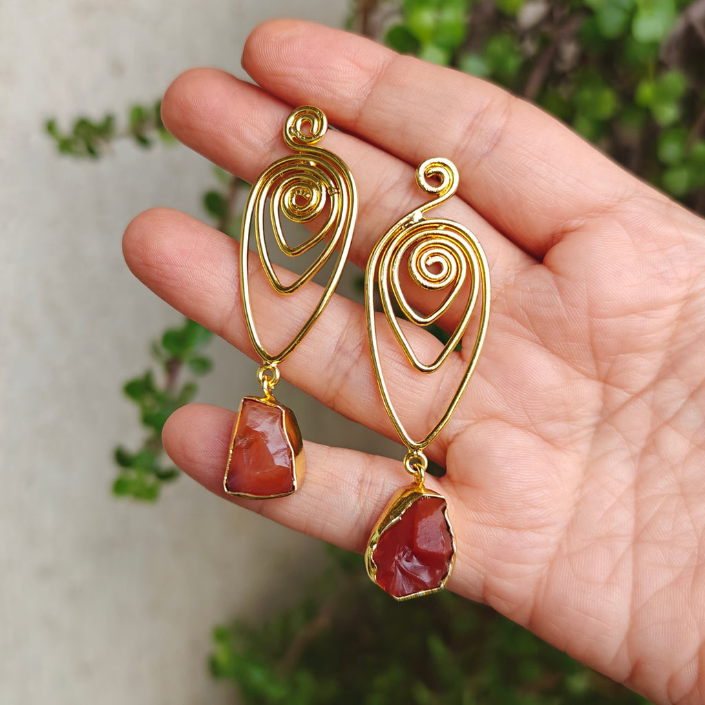 Raw Carnelian Spiral Drop Earrings