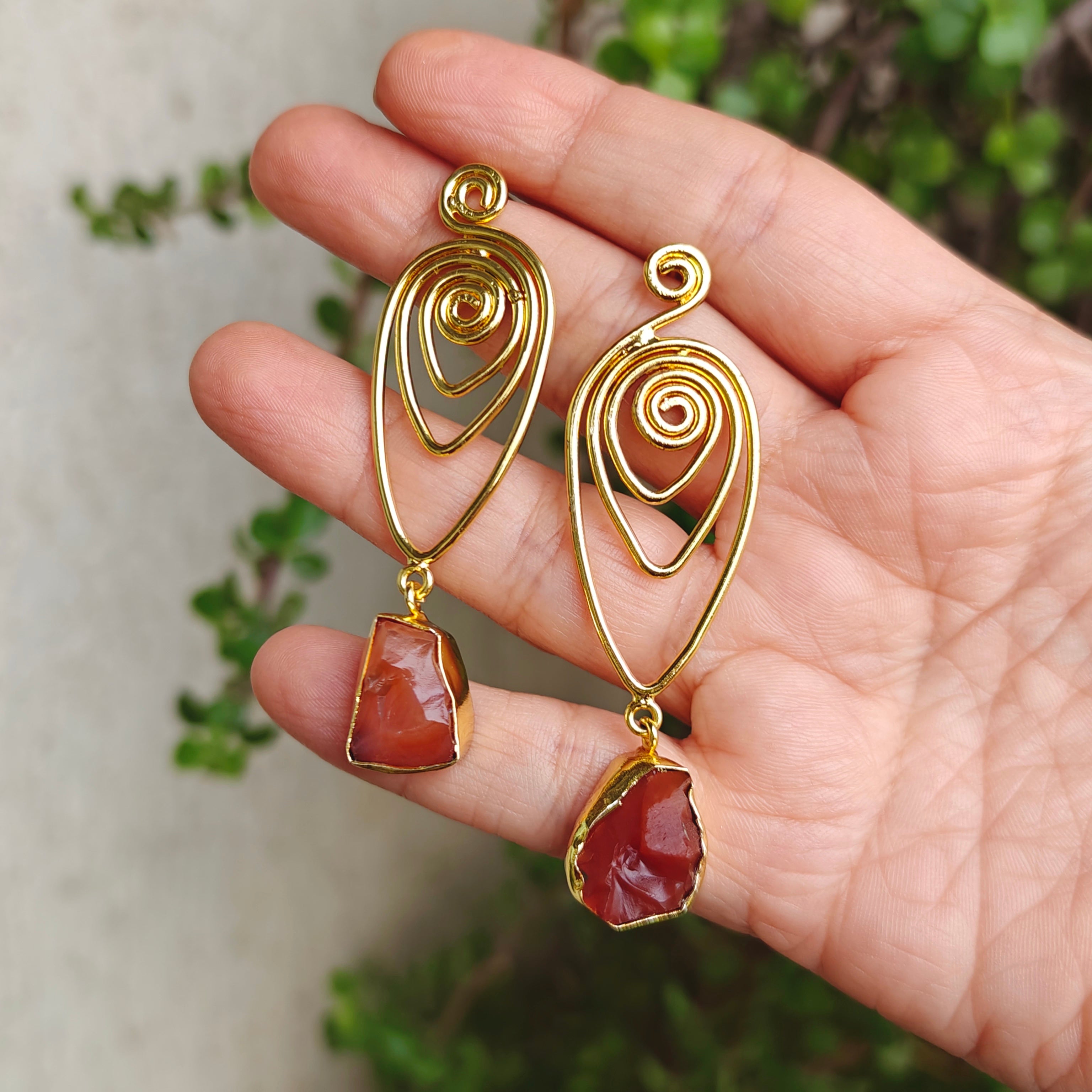 Raw Carnelian Spiral Drop Earrings