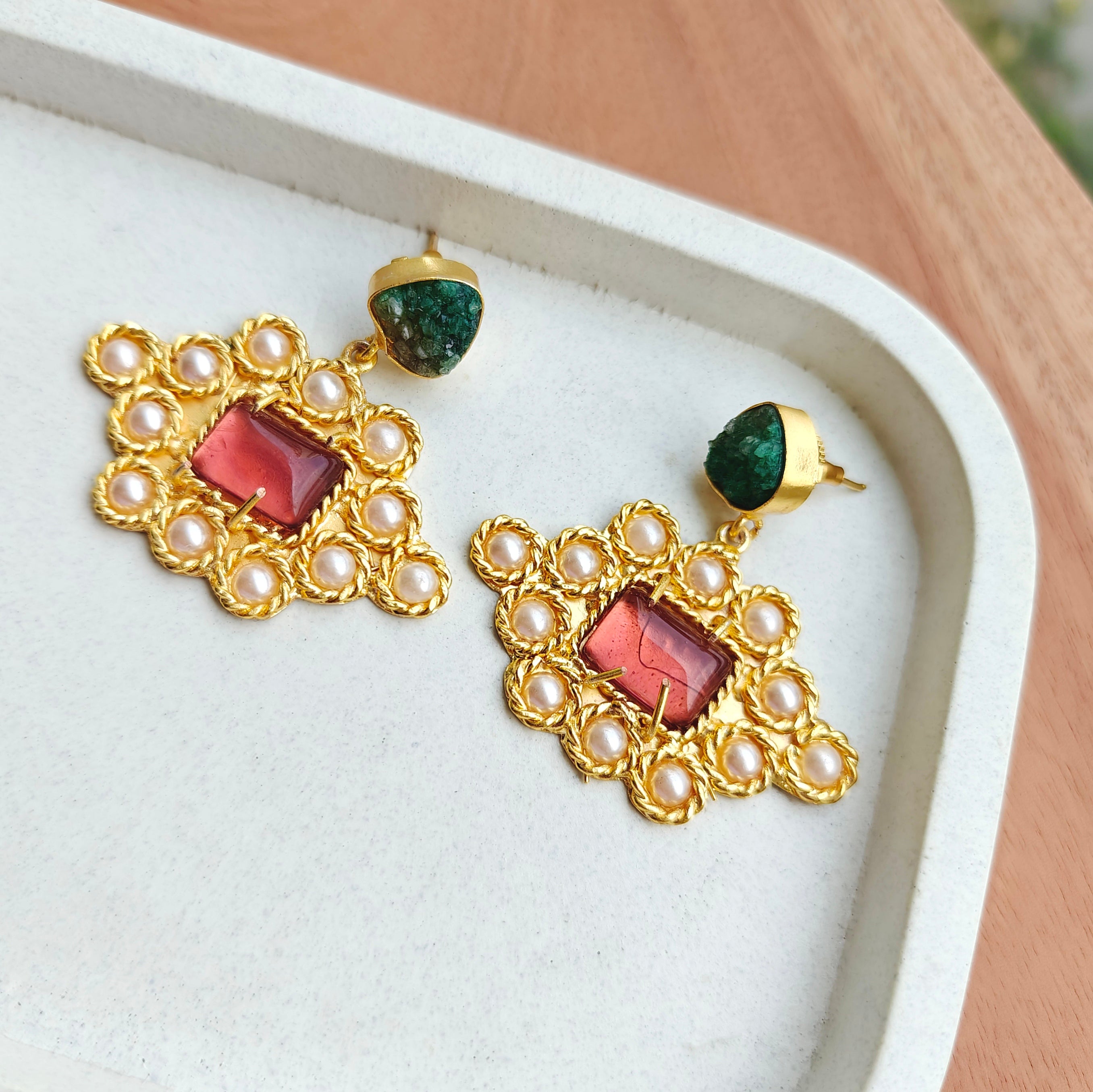 Large Bohemian studded drop earrings