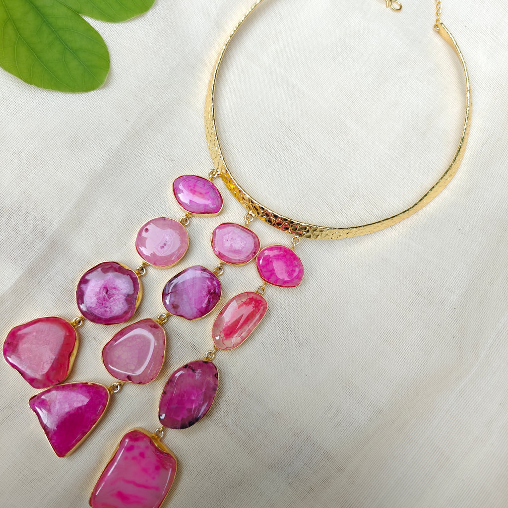 Pink Agate Slice Cascade Collar Necklace