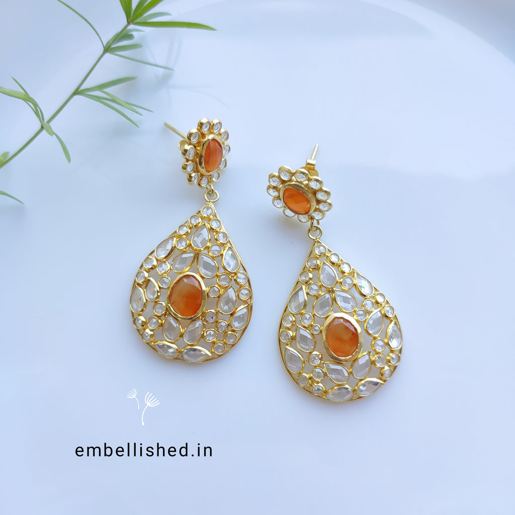 92.5 Sterling Silver Crystal Polki large dewdrop chandeliers - Gold, Orange