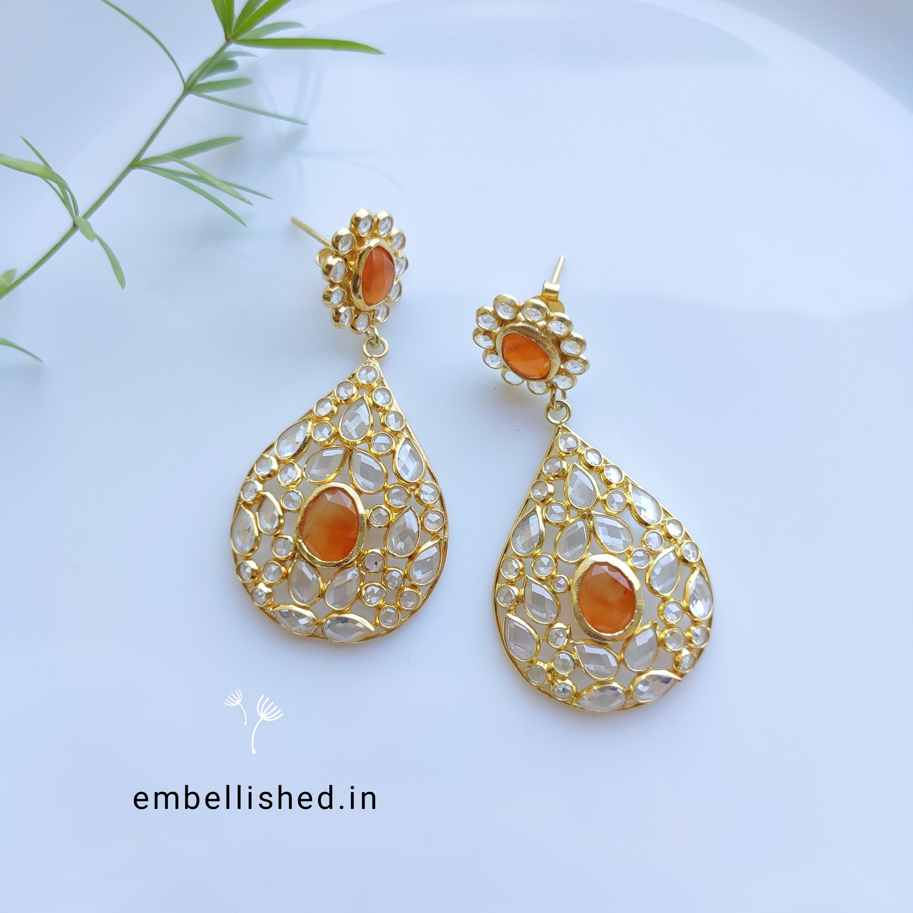 92.5 Sterling Silver Crystal Polki large dewdrop chandeliers - Gold, Orange