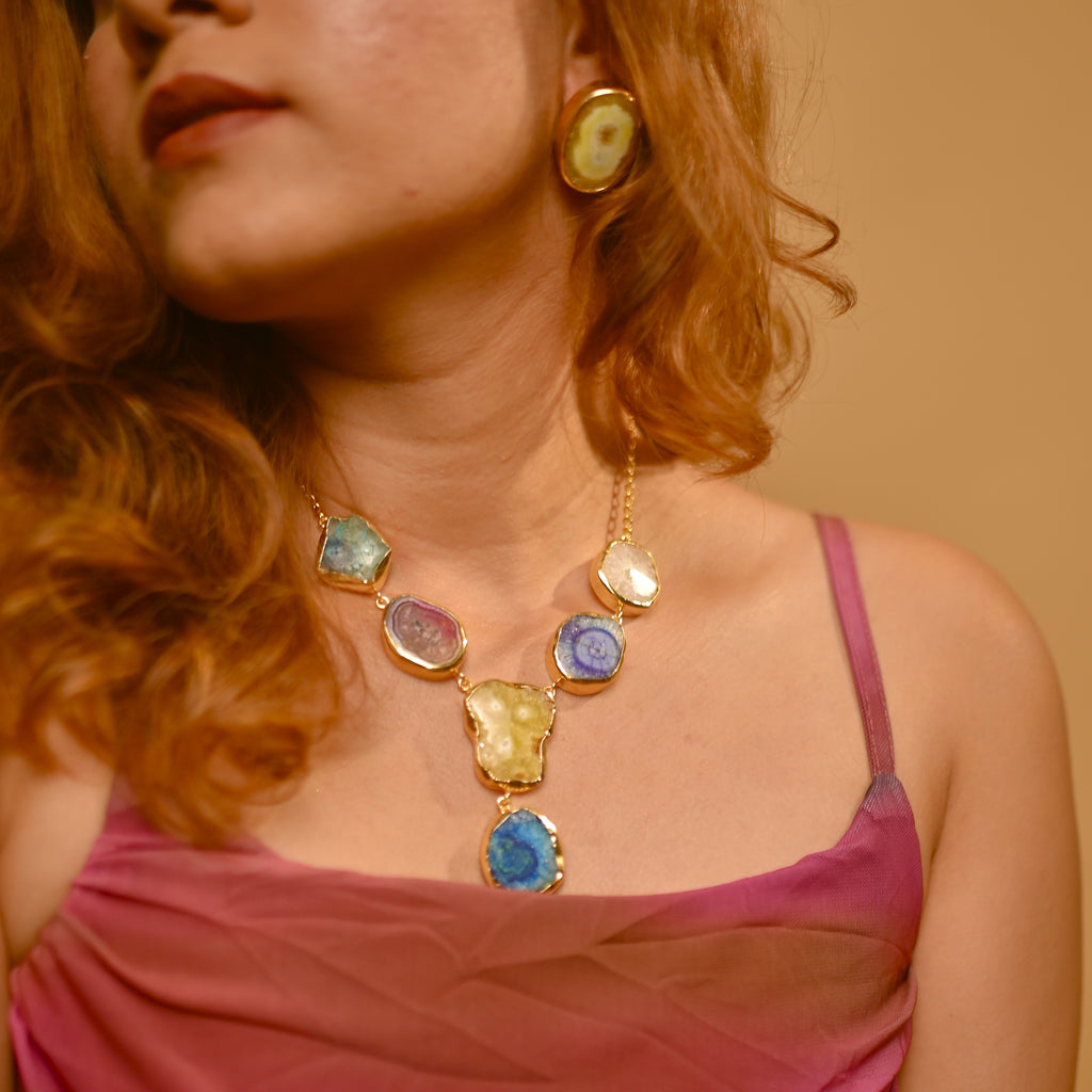 Rainbow Agate Slice Necklace Set