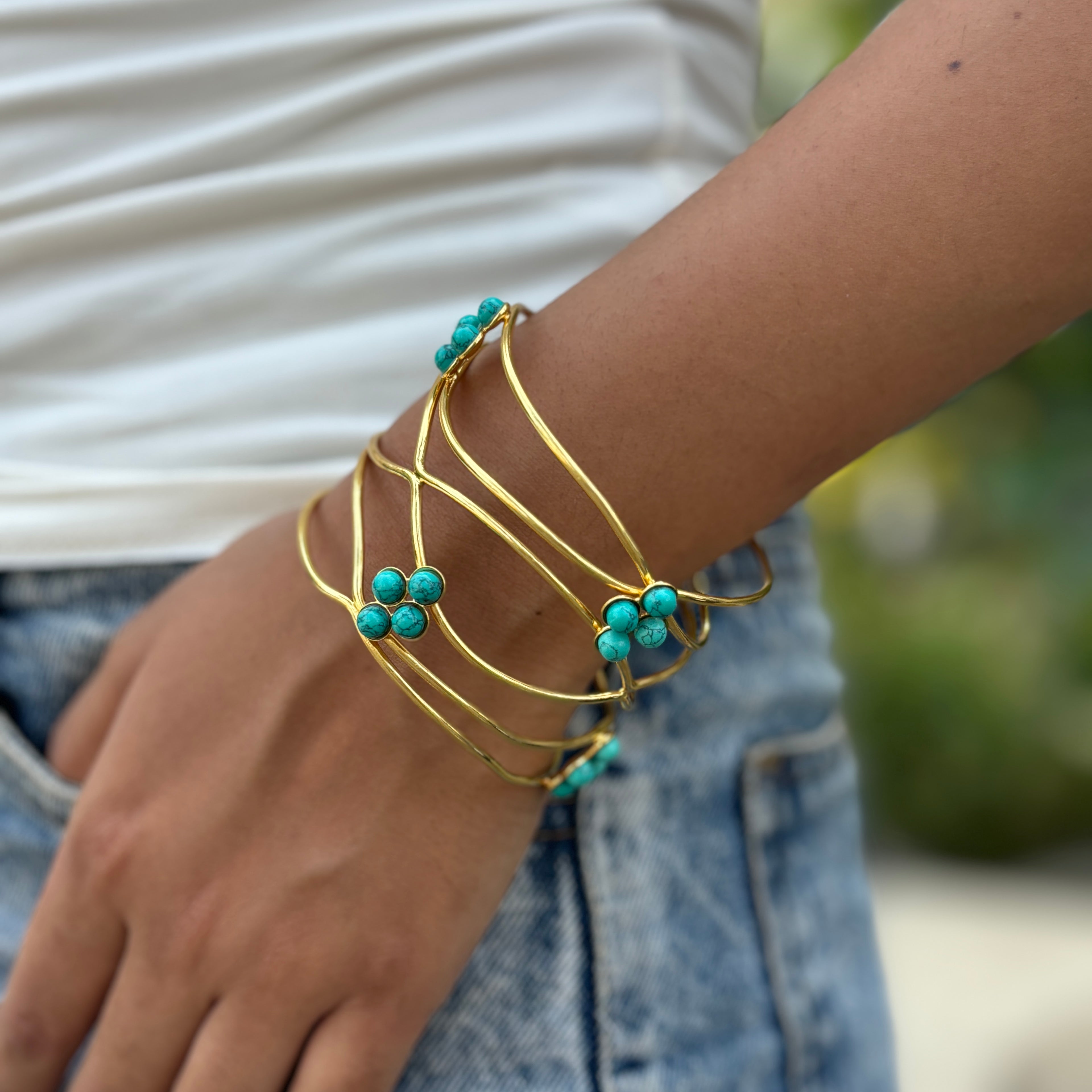 Turquoise Cluster Gold Cuff Bracelet