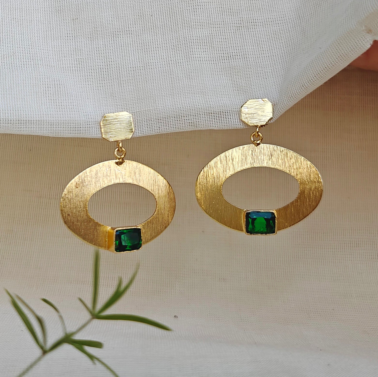 Emerald Orbit Gold Drop Earrings