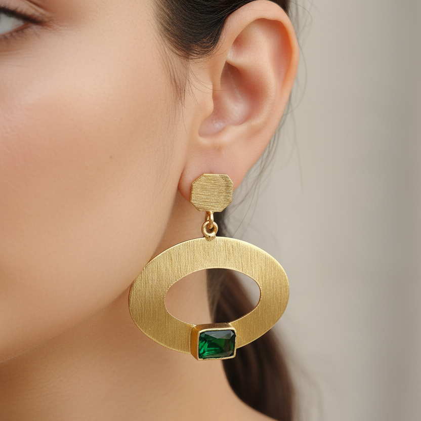 Emerald Orbit Gold Drop Earrings