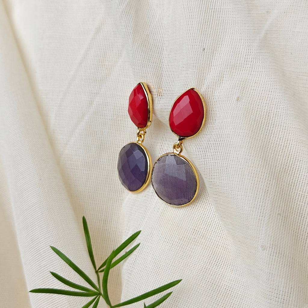 Two Stones Drop Earrings - red lavender