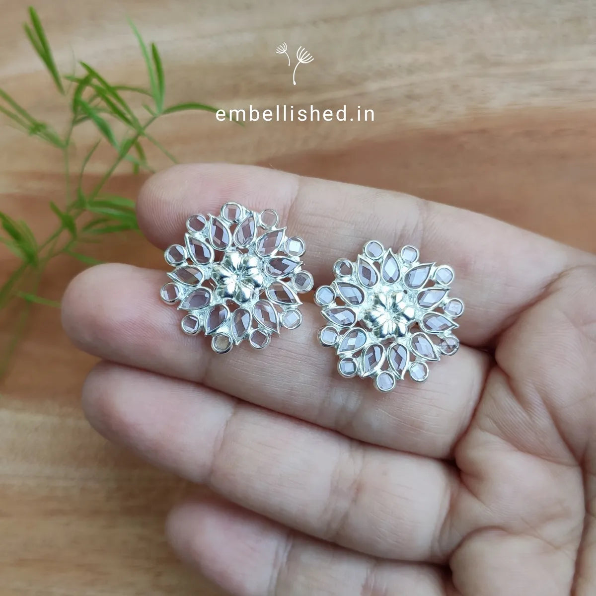 92.5 Sterling Silver Crystal Polki big floral studs - Silver