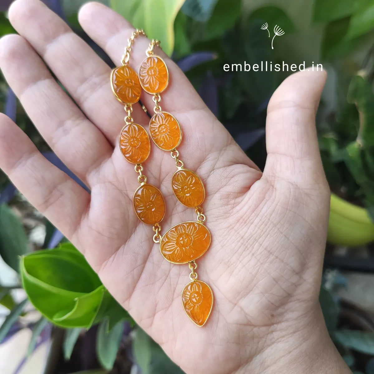 Gold-plated carved glass stone necklace set - amber