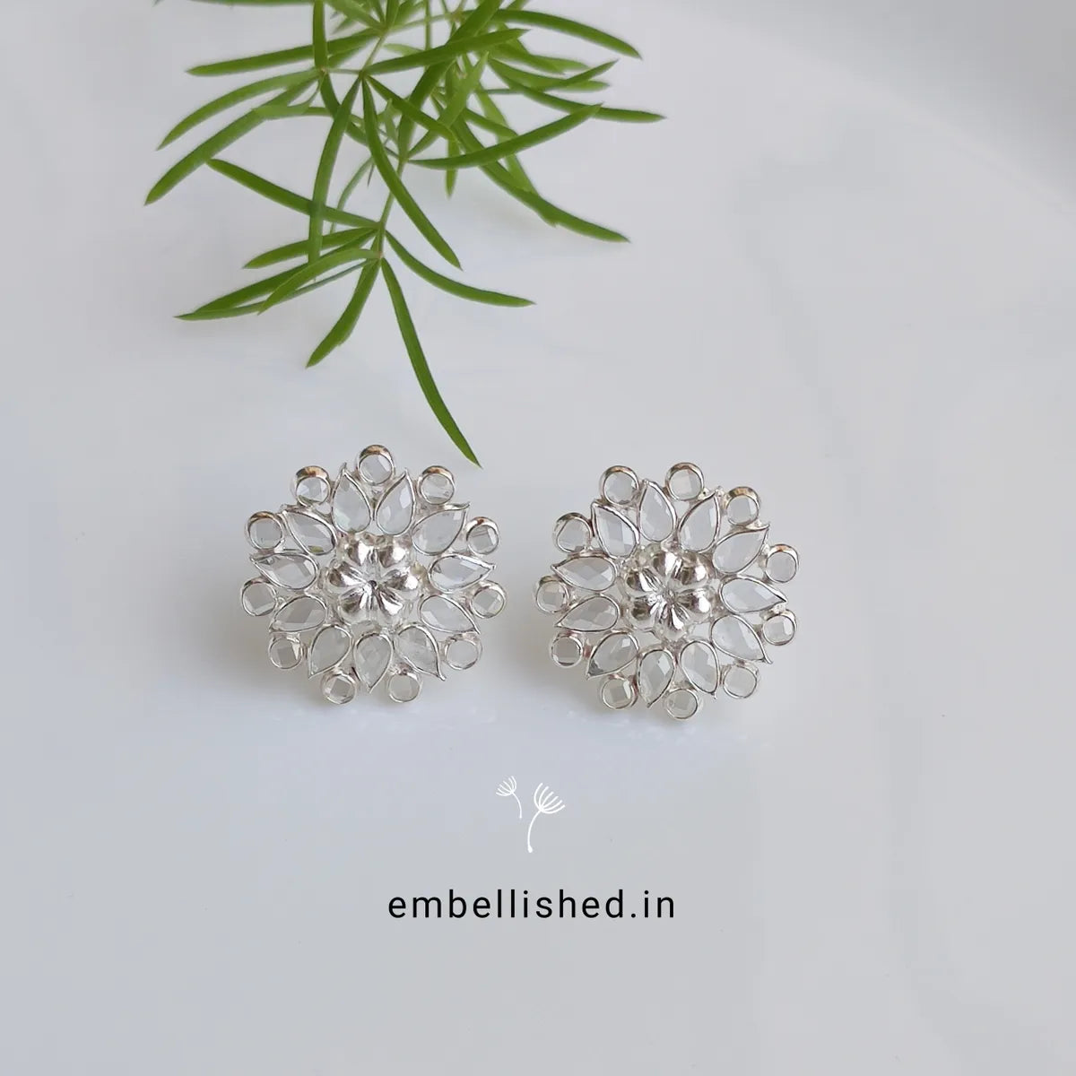92.5 Sterling Silver Crystal Polki big floral studs - Silver