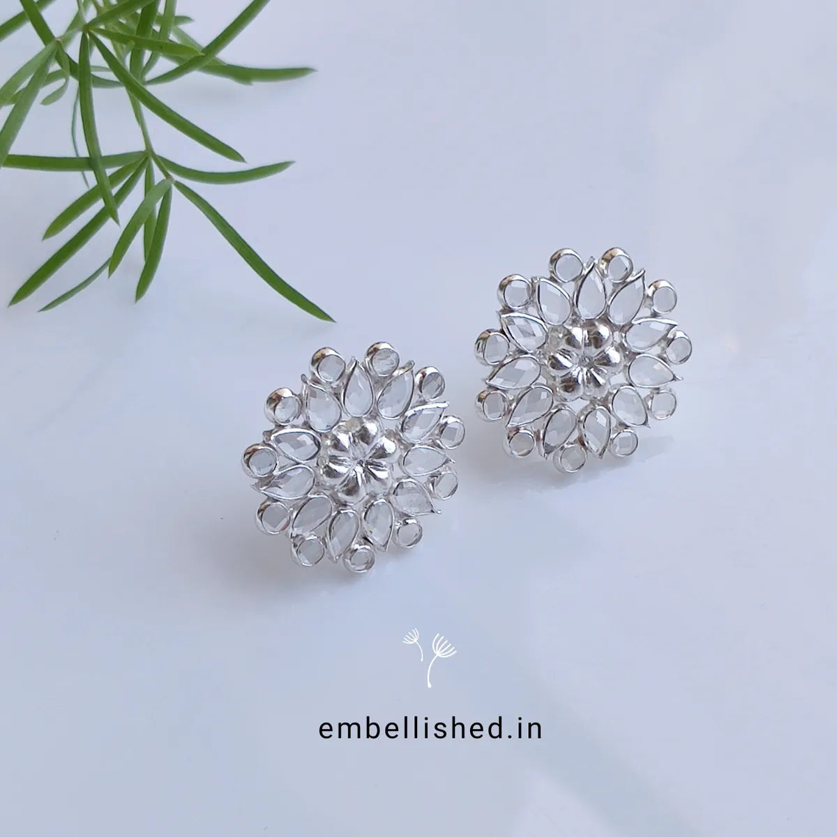 92.5 Sterling Silver Crystal Polki big floral studs - Silver